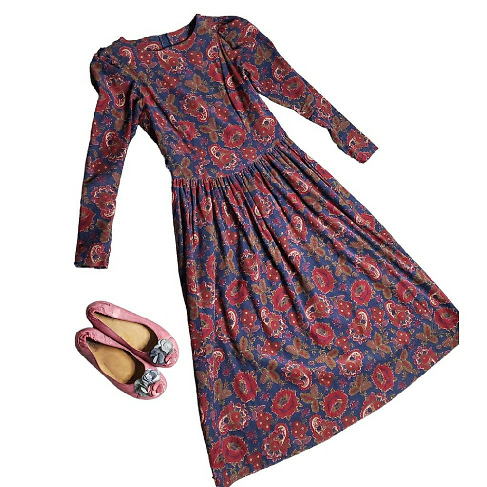 Vintage Laura Ashley Drop Waist Midi Dress Floral Paisley Corduroy Cottage s/m - Picture 6 of 17